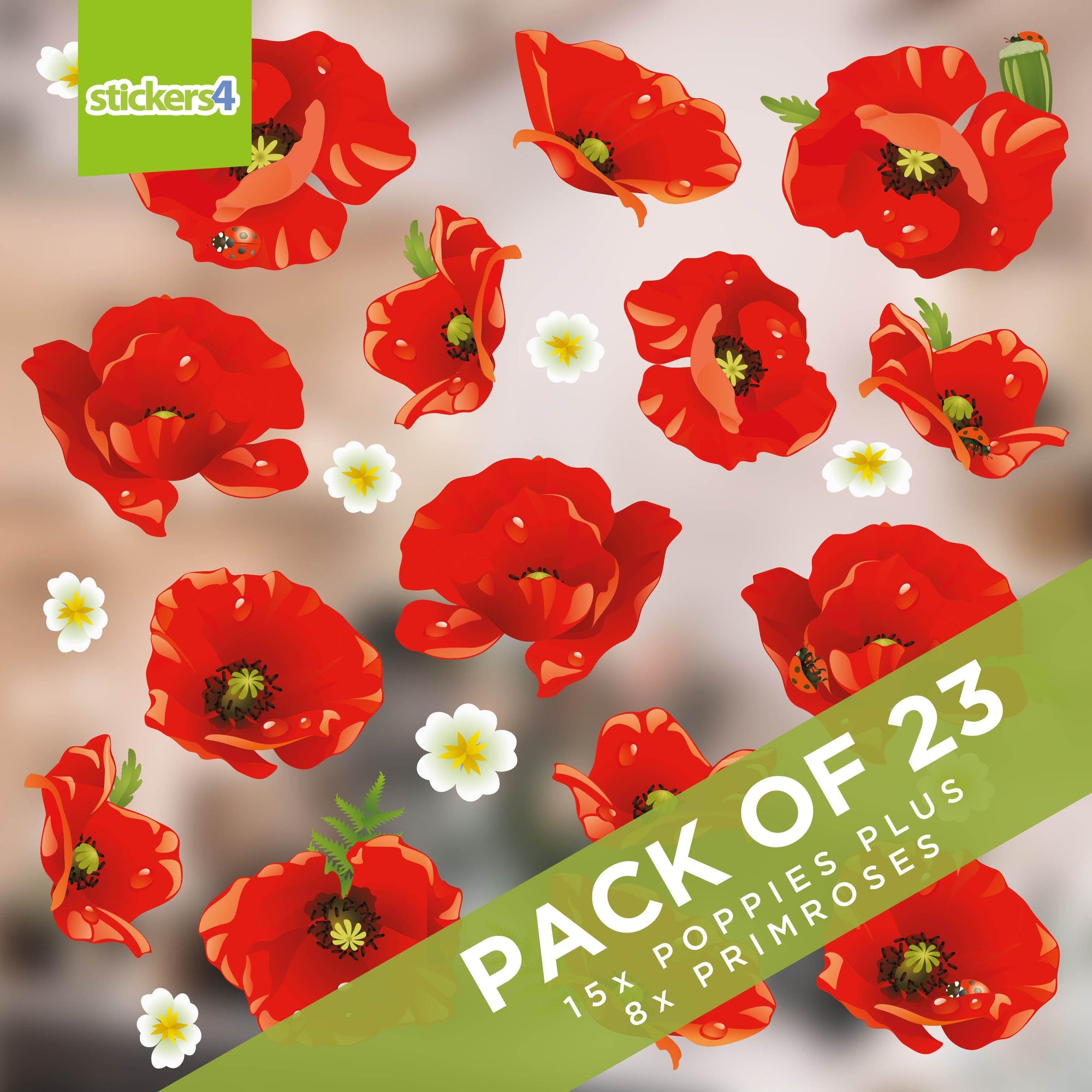 Small Pack of Poppy Flower Window Clings Remembrance Window Display
