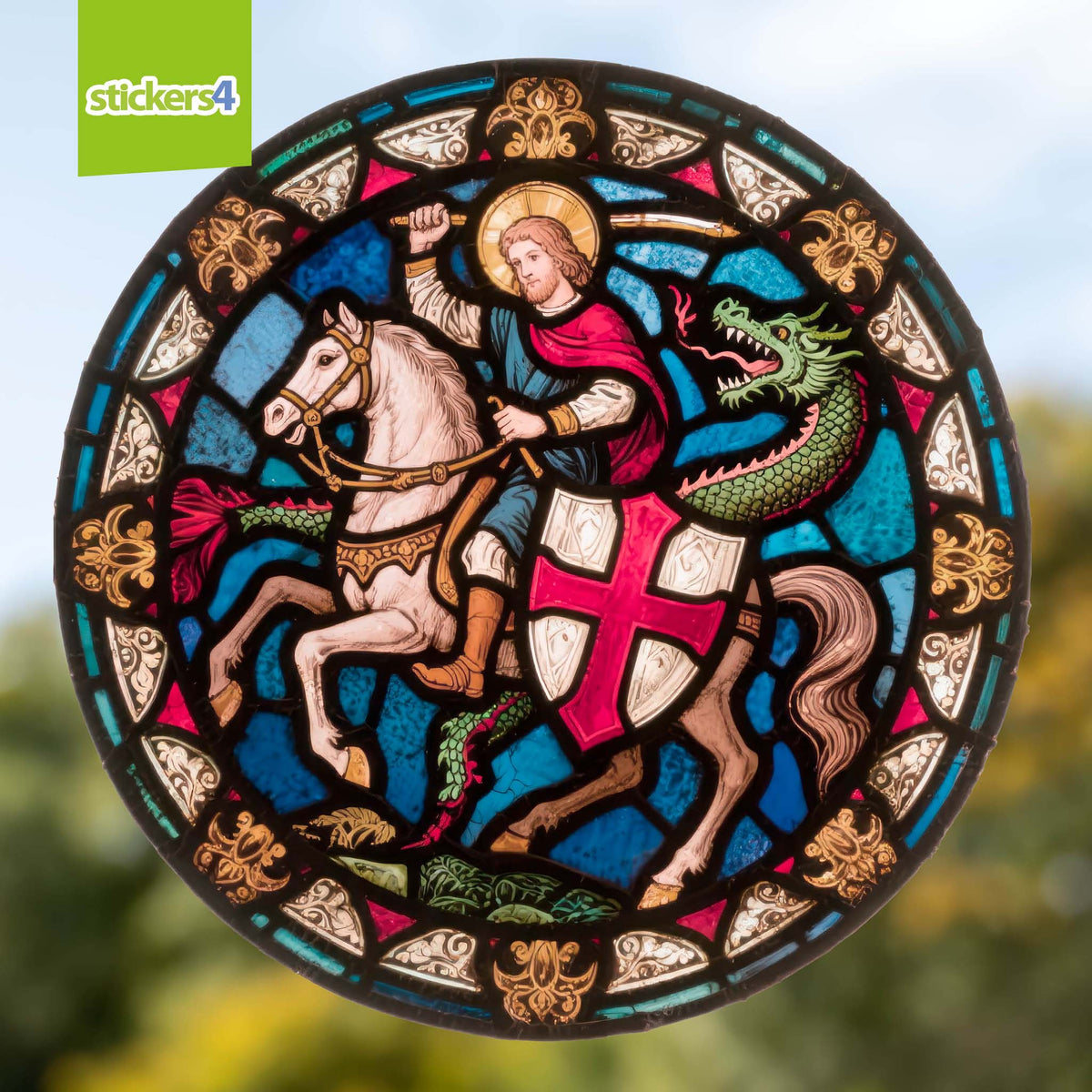 Stained Glass St George &amp; the Dragon Window Cling Sticker