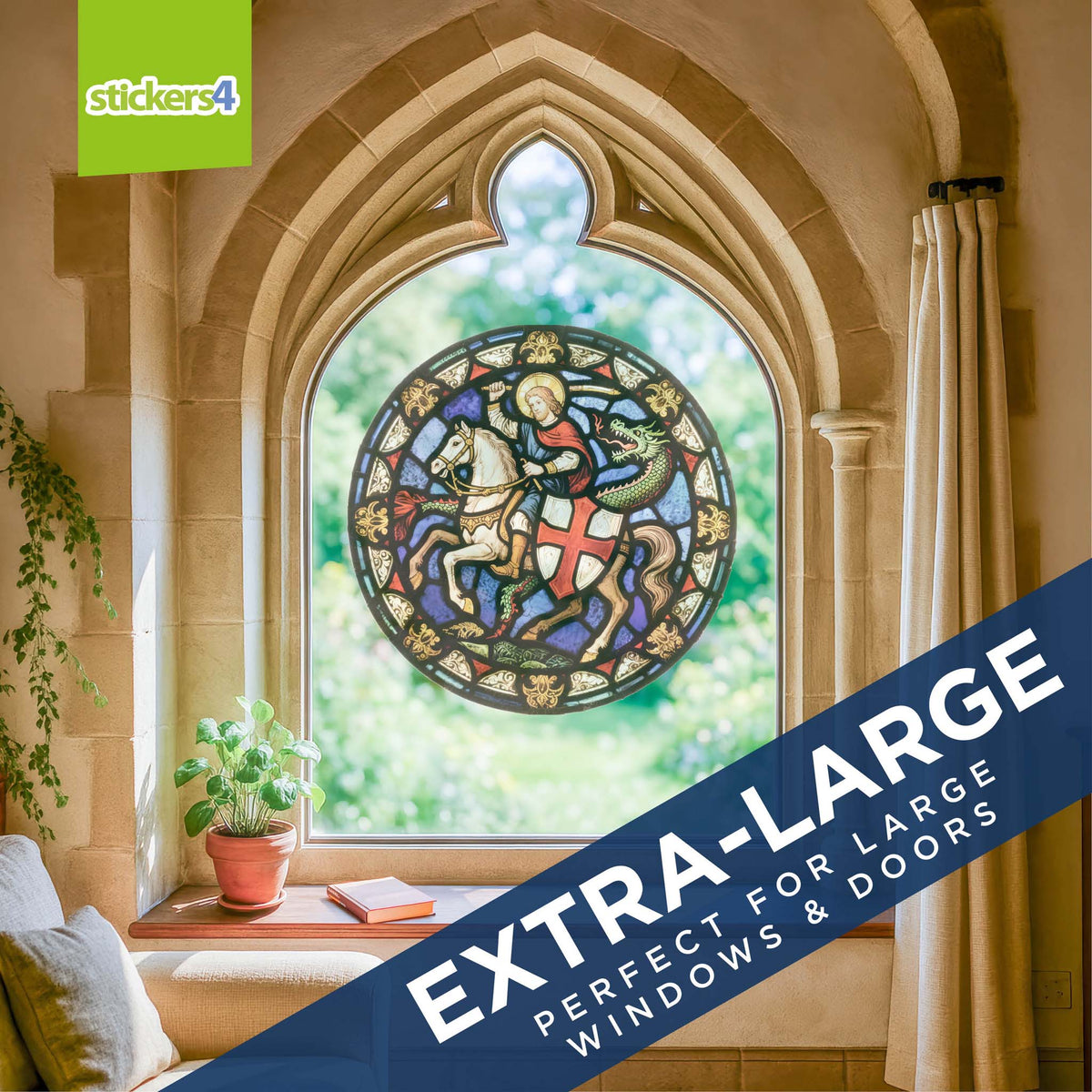 Decorative window film with stained glass design applied to a large window, featuring the brand &#39;stickers4&#39;.