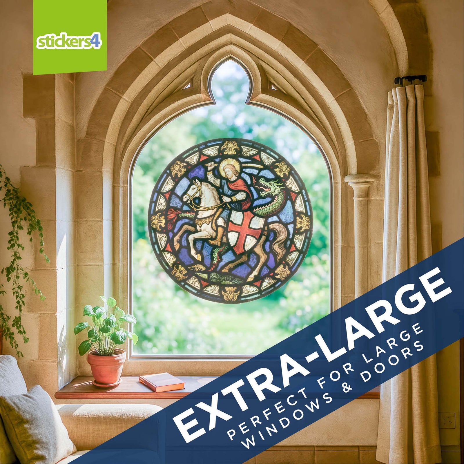 Decorative sticker with a knight, St George, on a horse and dragon, featuring the 'stickers4' brand.