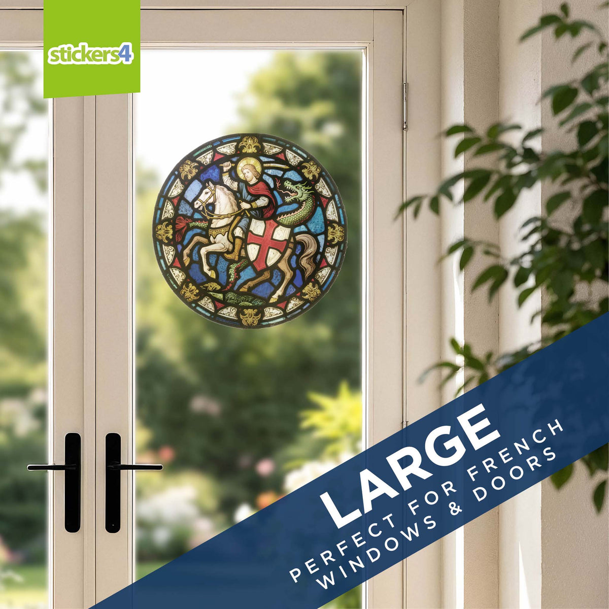Decorative window sticker of St George on a horse with a dragon on a French door.