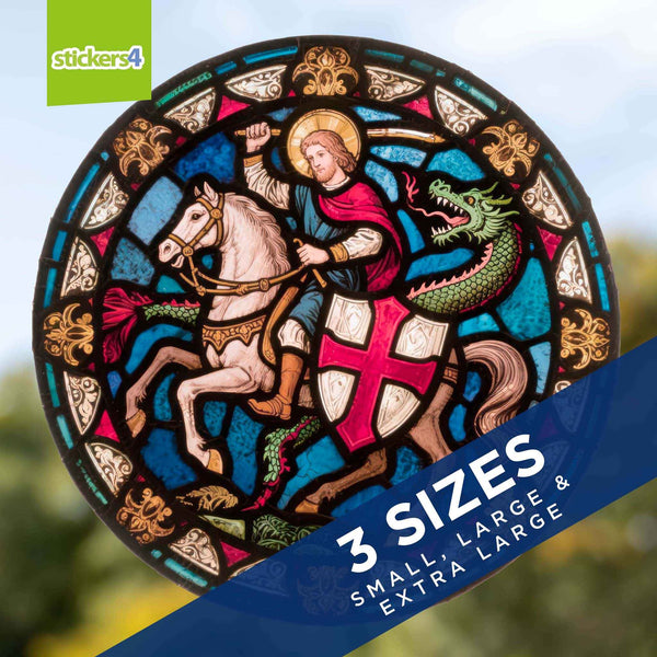 Decorative sticker with a knight, St George, on a horse and dragon, featuring the 'stickers4' brand.