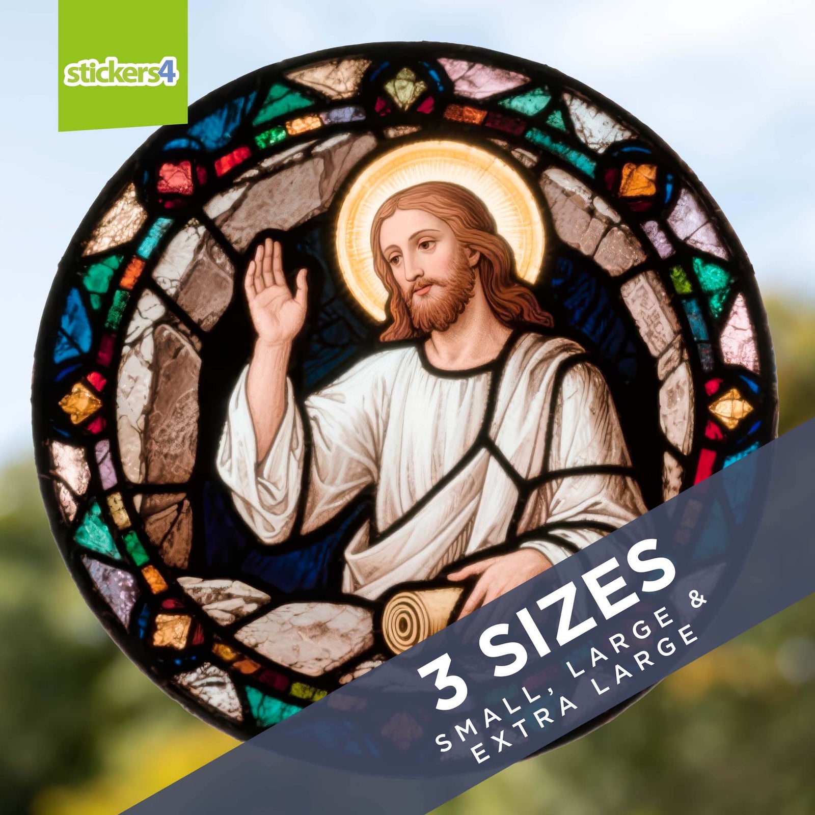 Stained glass window design of a religious figure with 'stickers4' branding.