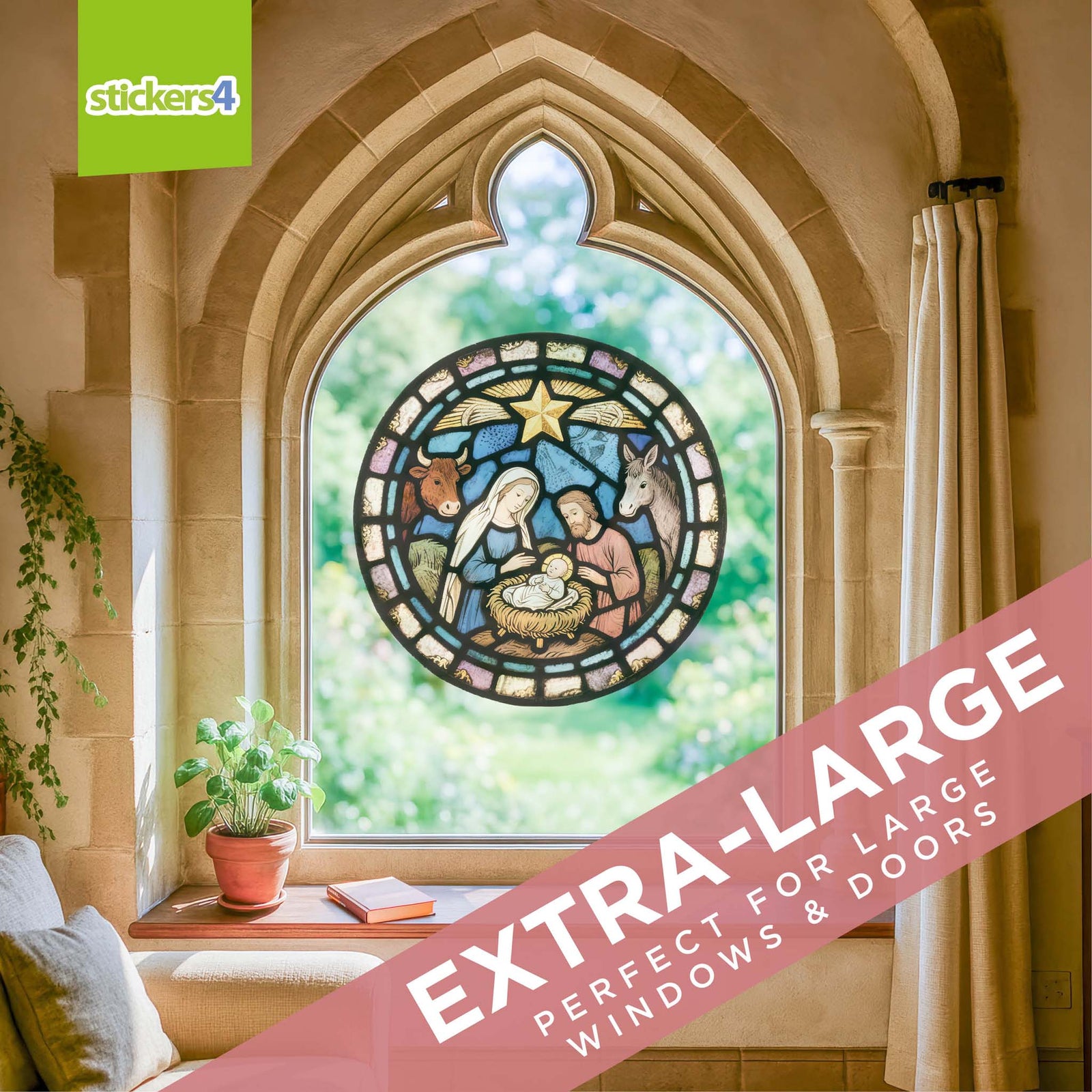 Stained glass nativity scene with 'stickers4' branding and text about size options.