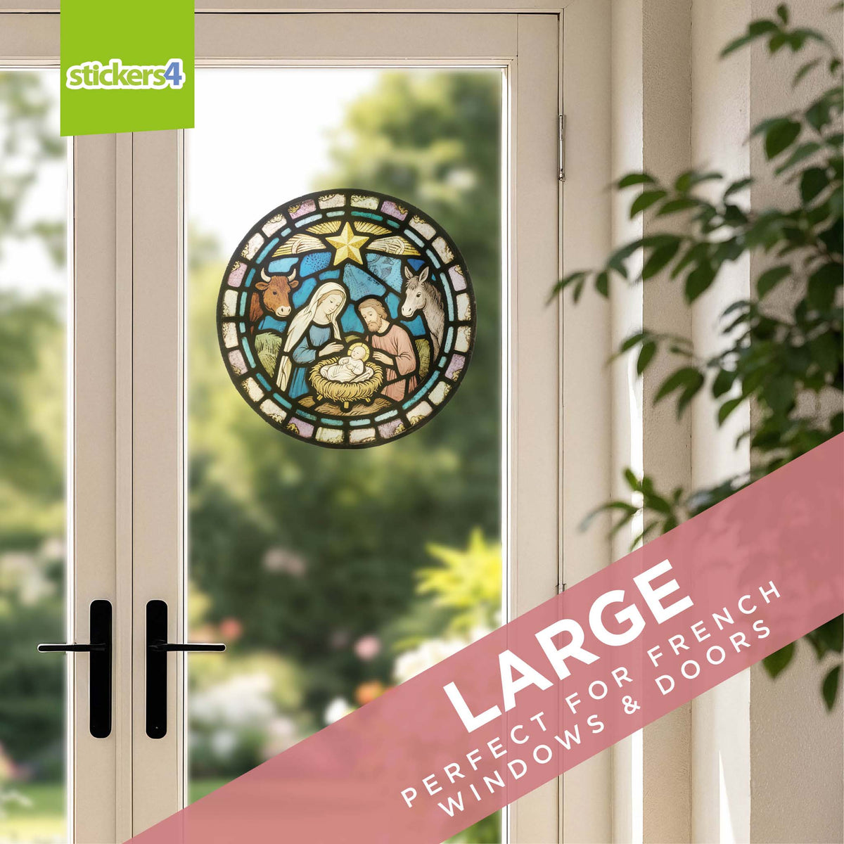 Decorative window sticker of a nativity scene on a glass door with &#39;stickers4&#39; branding.