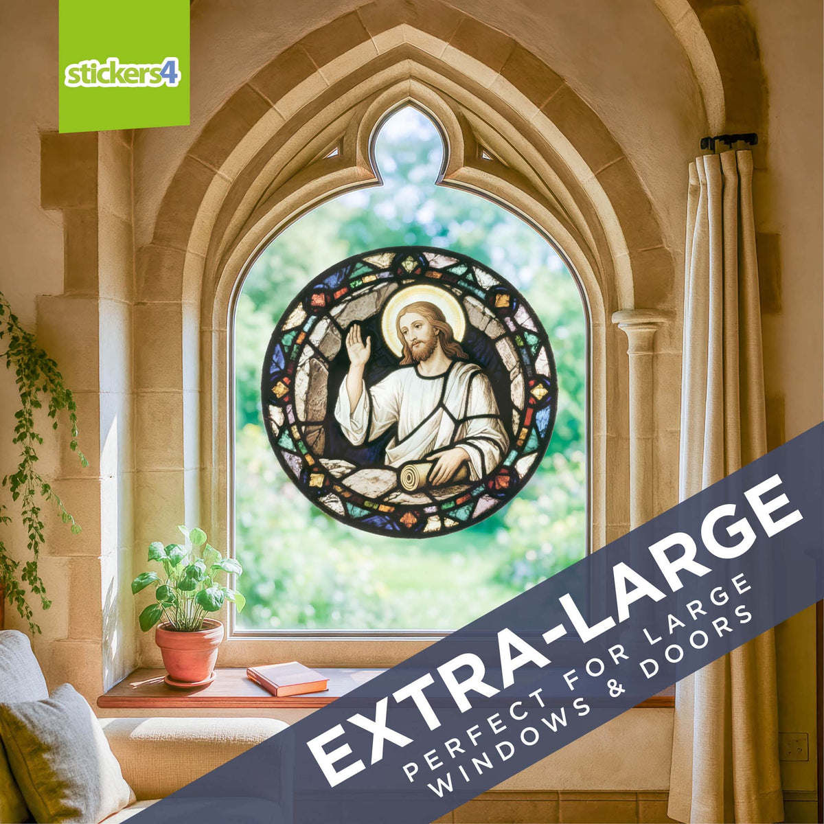 Stained glass window with Jesus figure in a home setting, featuring 'stickers4' branding.