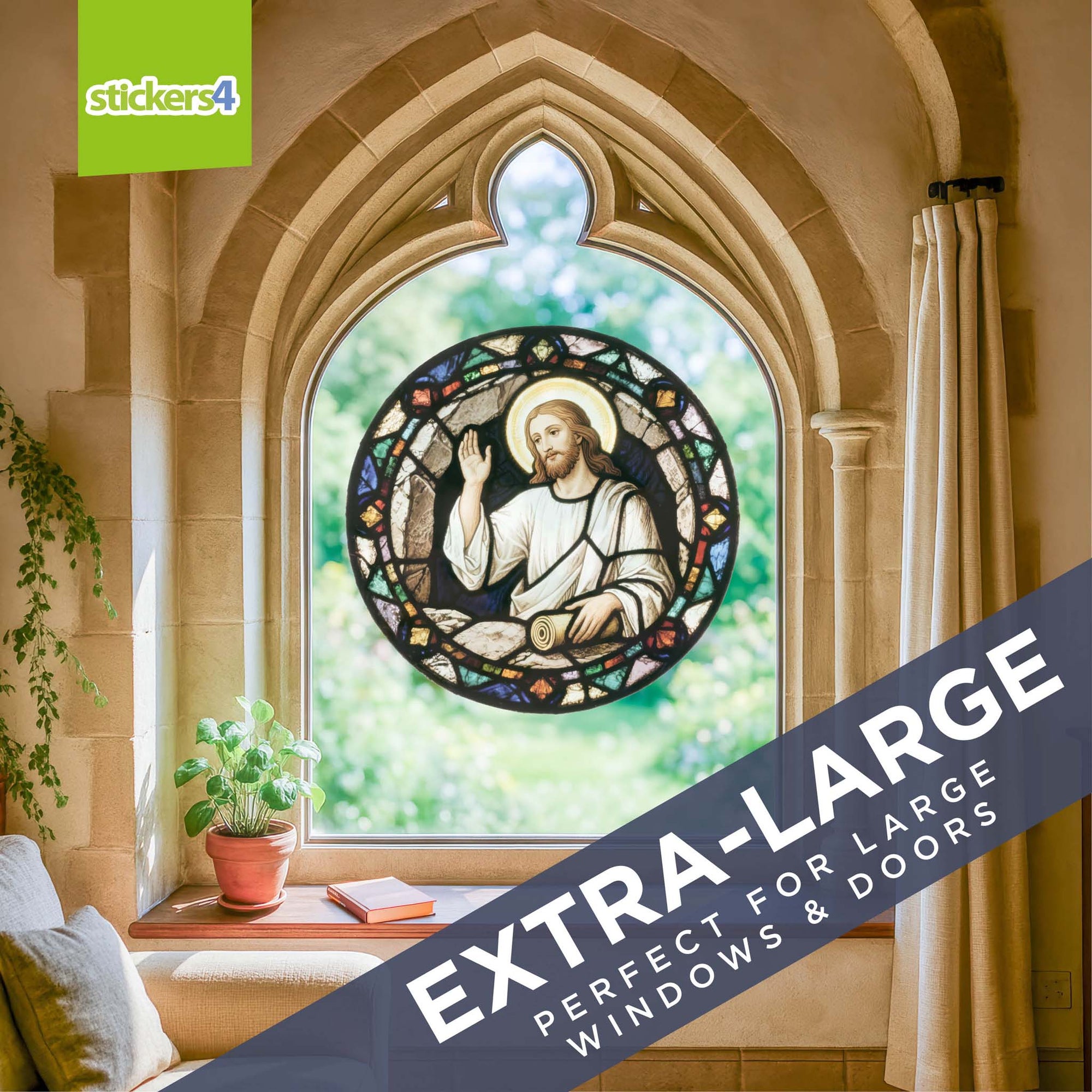Stained glass window design of a religious figure with 'stickers4' branding.
