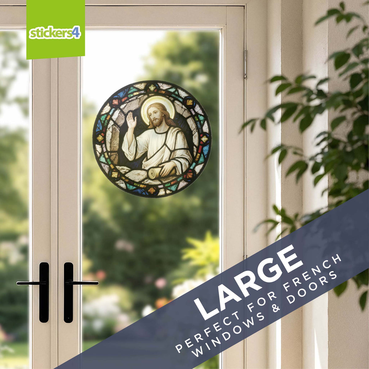 Decorative window sticker of a religious figure on a French door with 'stickers4' branding.