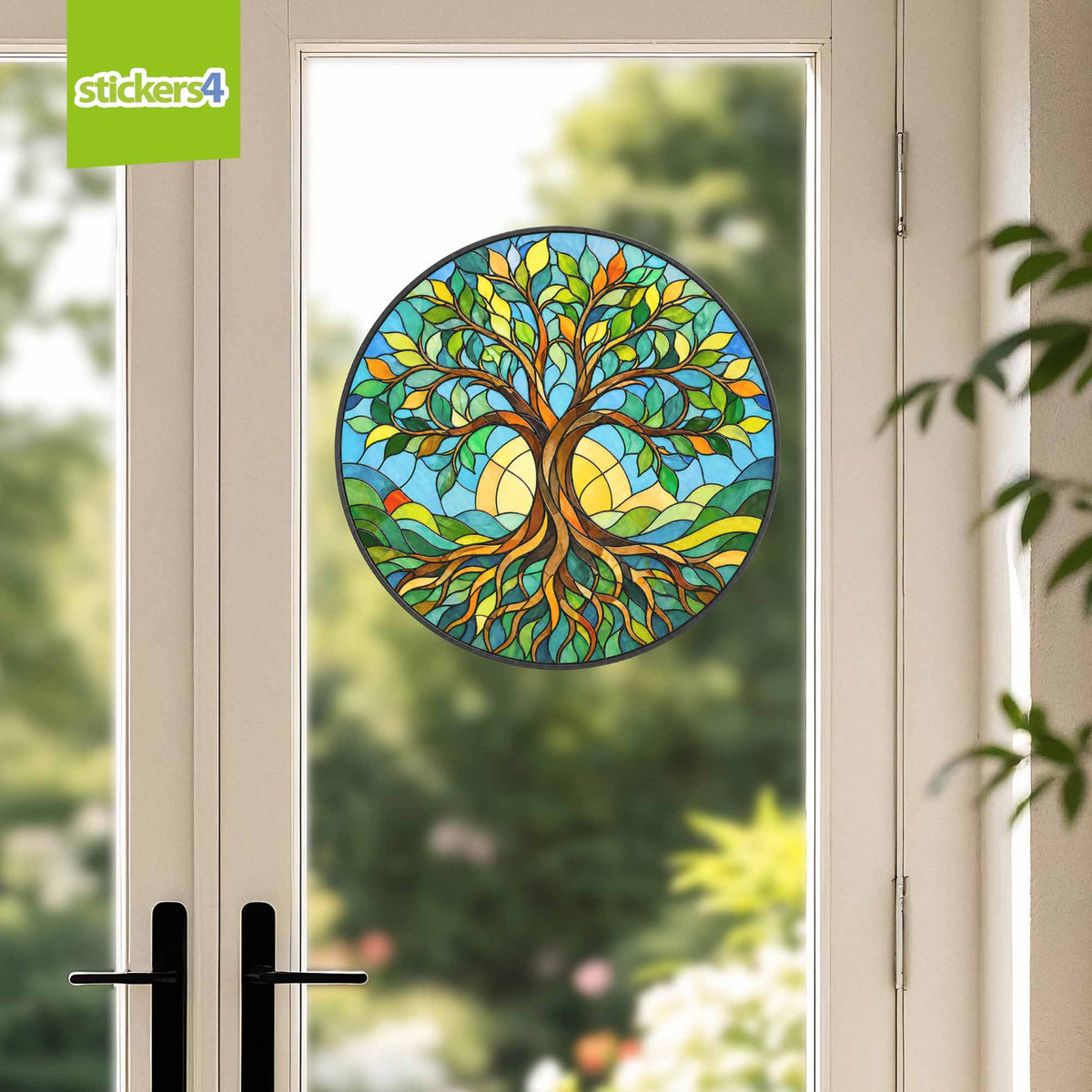 Decorative window sticker of a colorful tree design on a glass door with 'stickers4' branding.