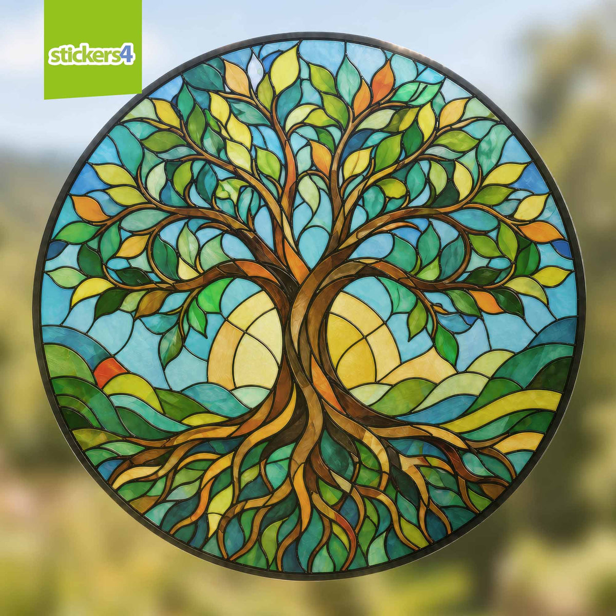 Circular stained glass artwork of a tree of life with colourful leaves and roots, featuring the brand 'stickers4'.