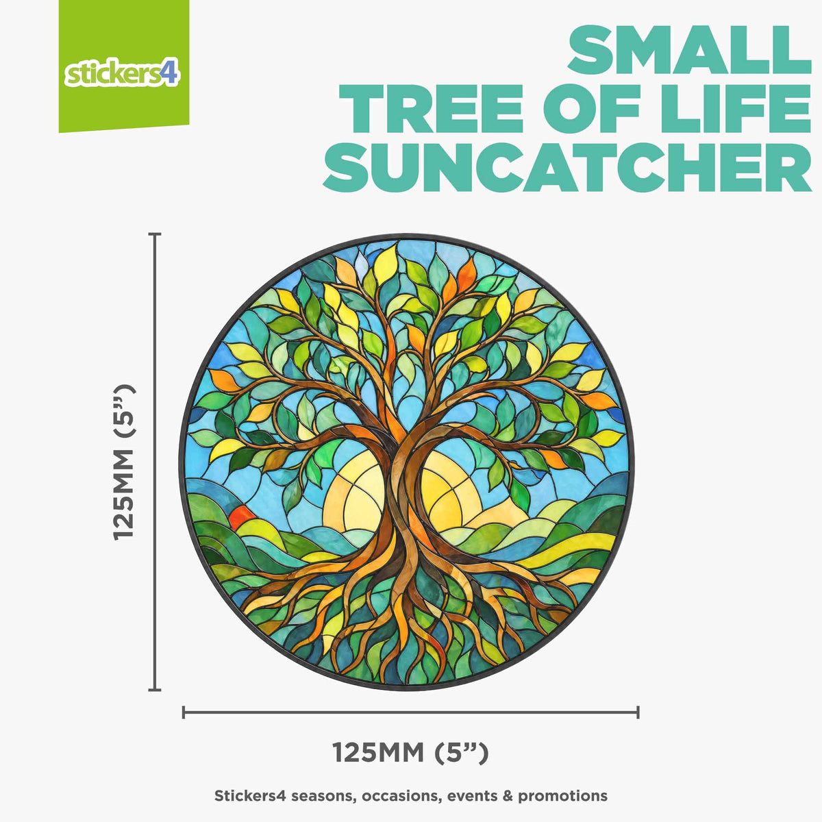 Sticker of a colorful tree of life suncatcher with dimensions on a white background.
