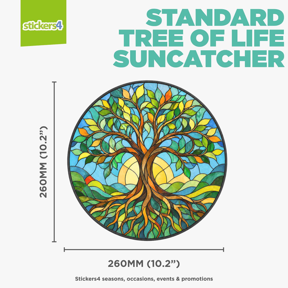 Tree of Life suncatcher with dimensions and 'stickers4' branding