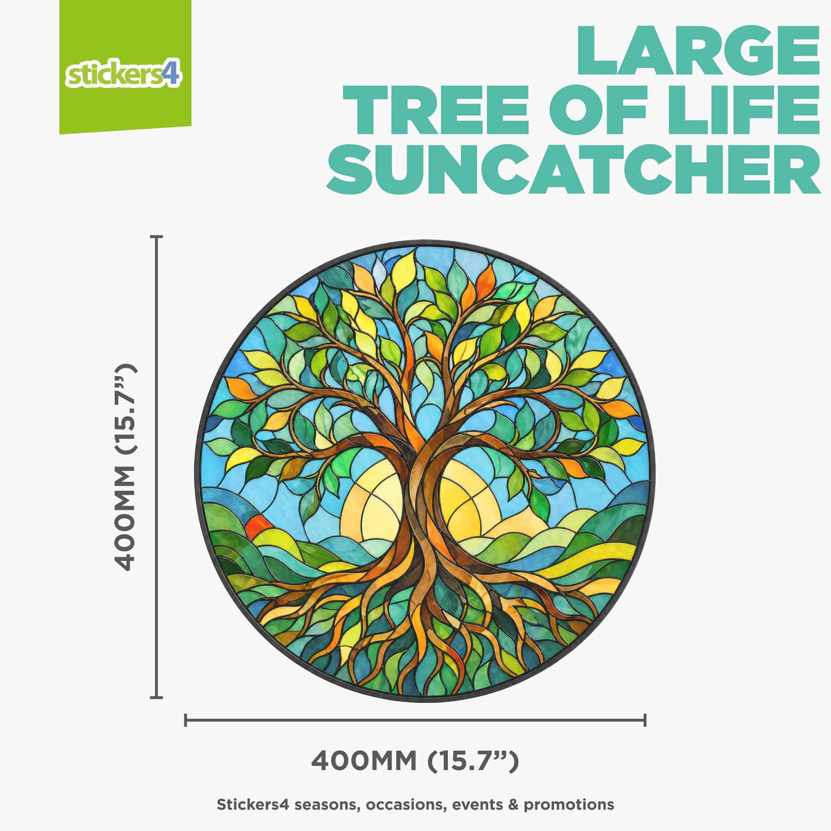Sticker of a colorful tree of life suncatcher with dimensions on a white background.
