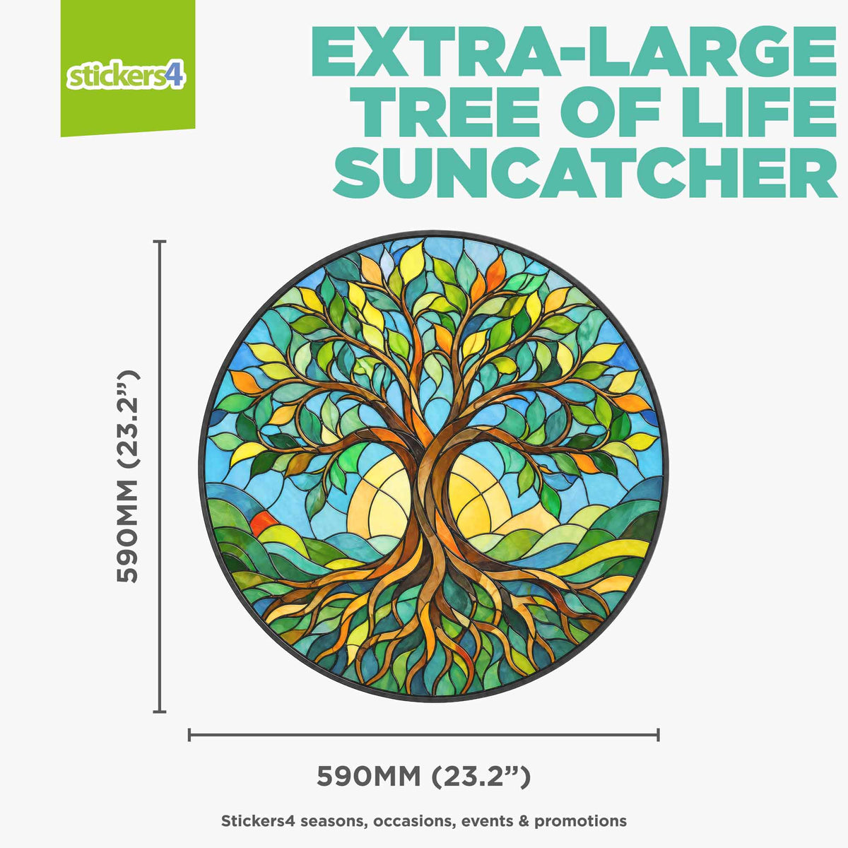 Stained glass tree of life suncatcher with dimensions and 'stickers4' branding.