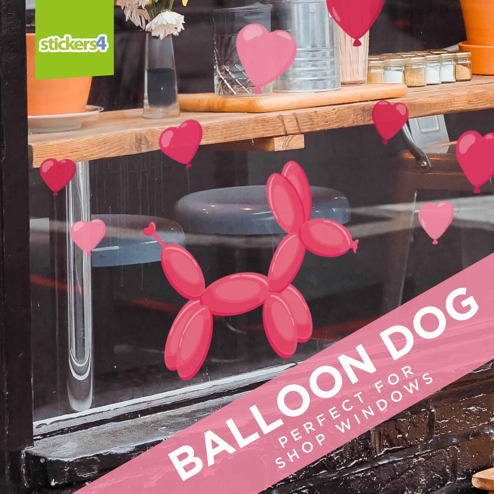 Valentine Balloon Dog and Hearts Window Stickers Valentines Day Window Display