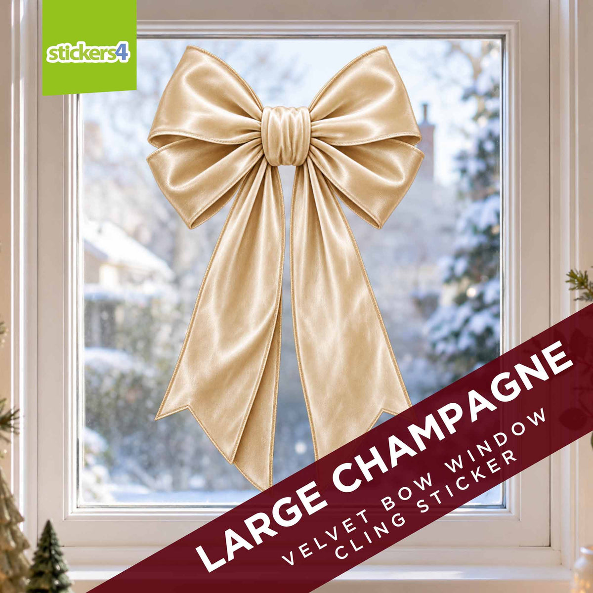 Large champagne velvet-effect bow Christmas window sticker