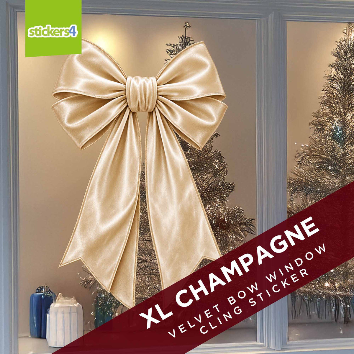 XL champagne velvet bow sticker decorating a large Christmas window
