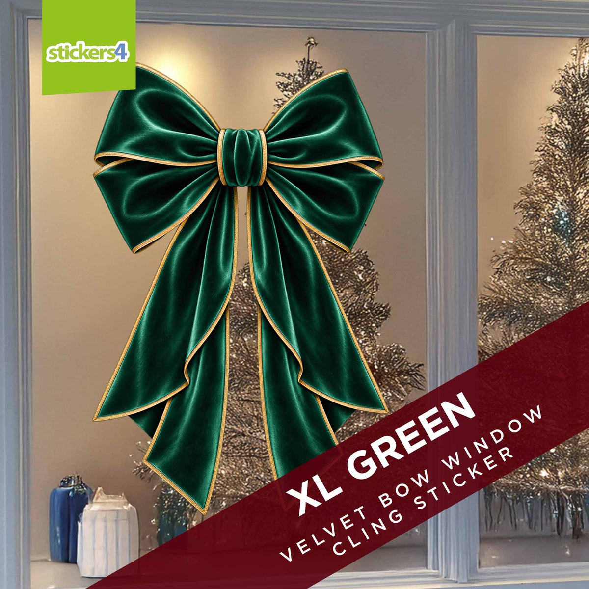 XL green velvet bow sticker displayed across a large window
