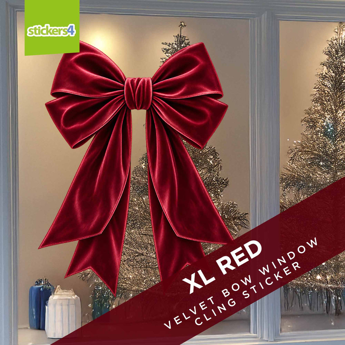 XL red velvet bow Christmas sticker on a large shop window