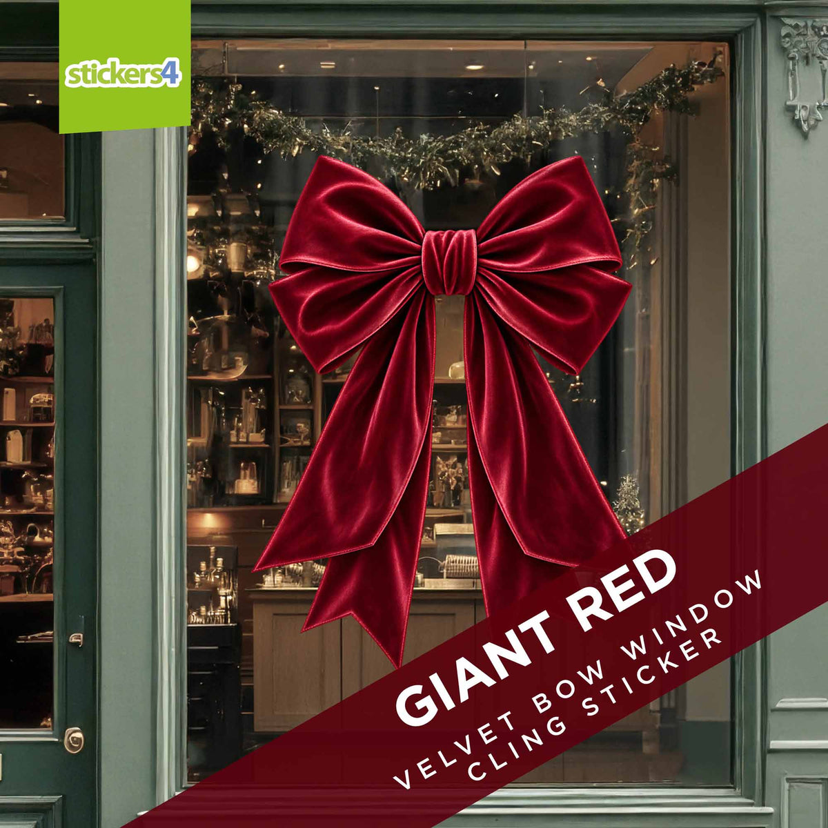 Giant red velvet bow Christmas sticker decorating a shop window
