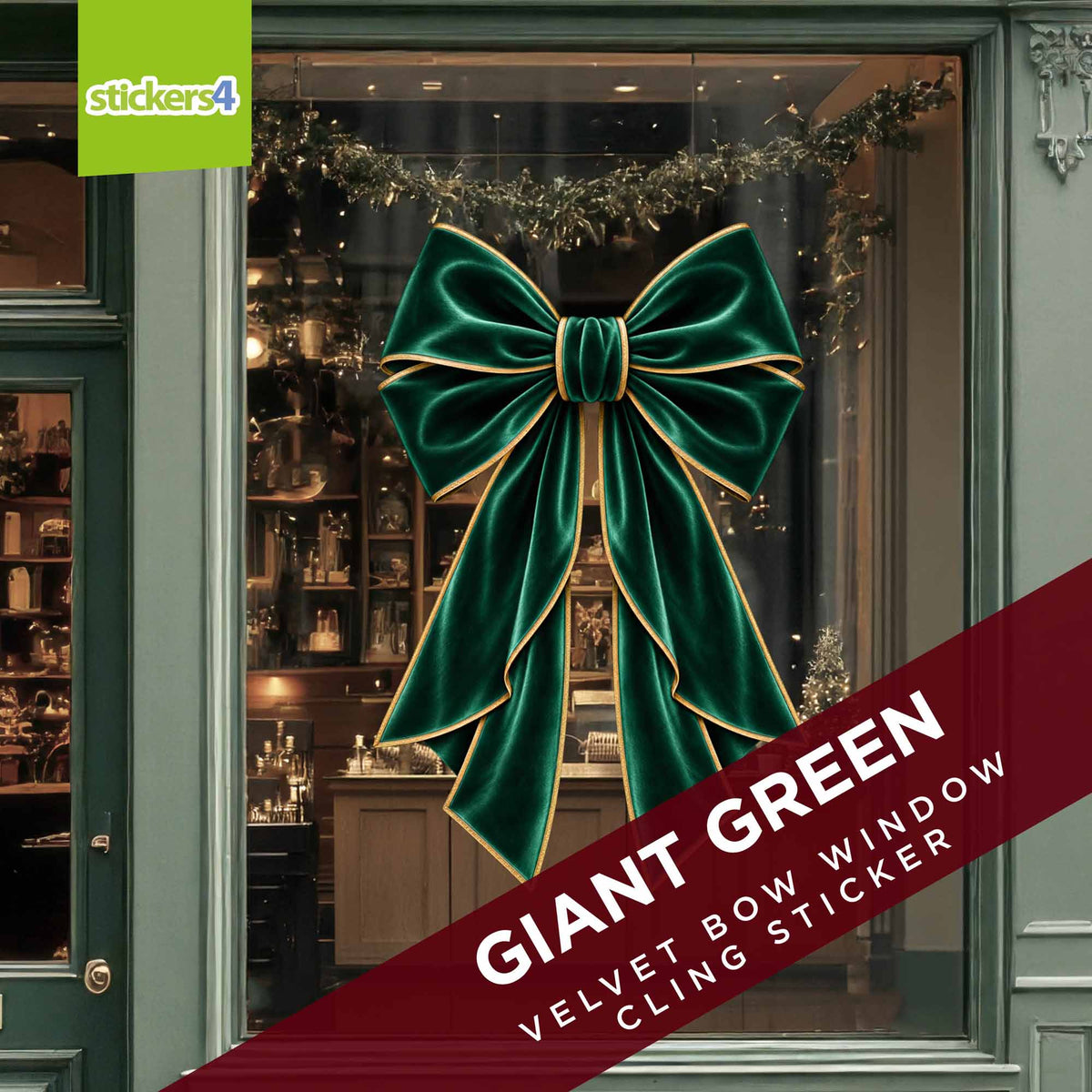 Giant green velvet bow Christmas sticker on a festive retail window