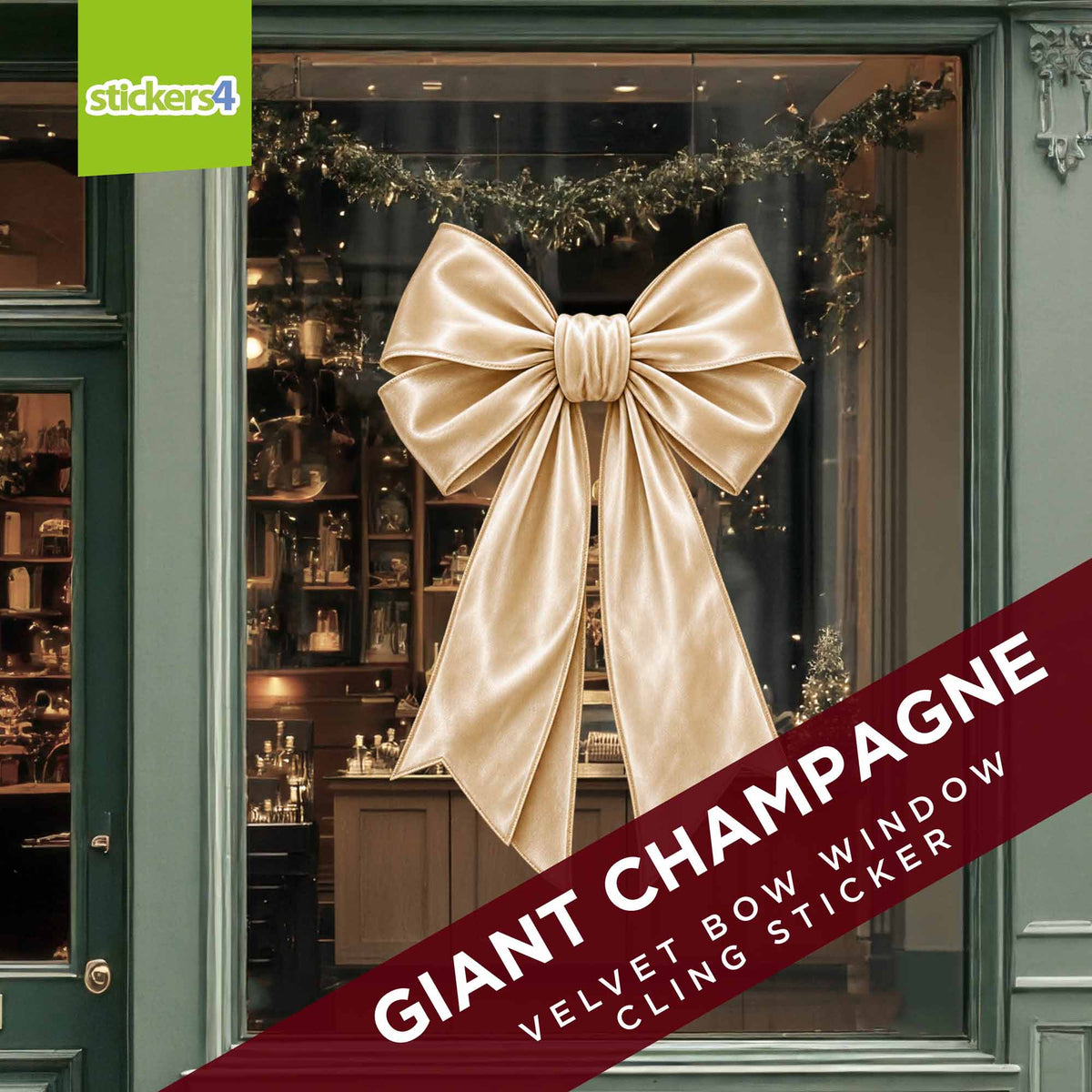 Giant champagne velvet bow Christmas sticker decorating a shop window