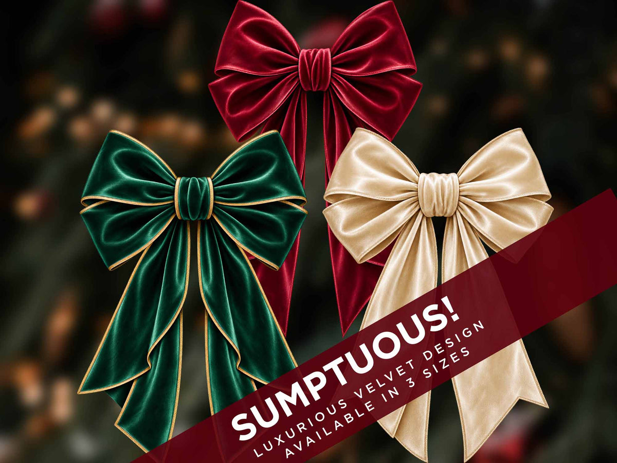 Three large velvet bow designs in red, green, and champagne beige with gold trim, arranged against a blurred festive background. 