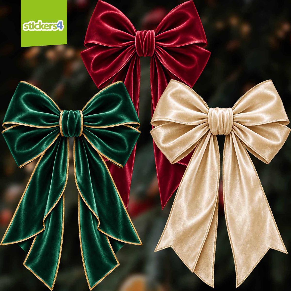 Red, green and champagne velvet-effect bow Christmas window decorations