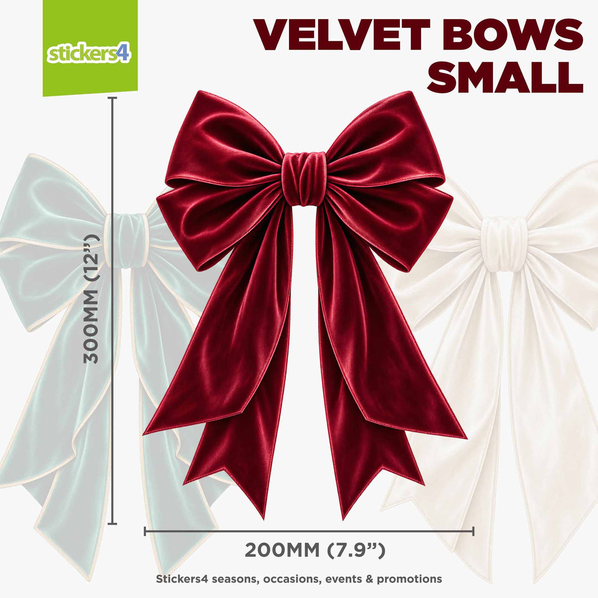 Small red velvet bow window sticker measuring 200 by 300 mm