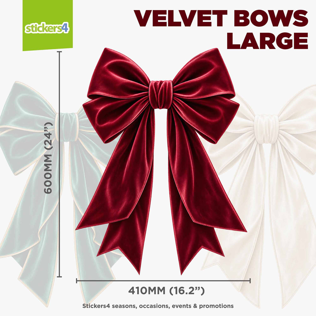 Large red velvet bow window sticker measuring 410 by 600 mm
