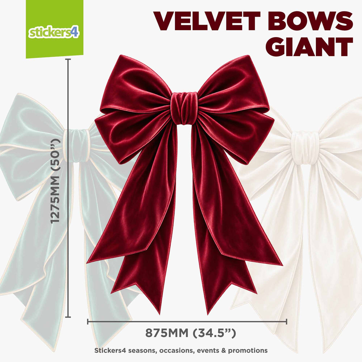 Giant red velvet bow window sticker measuring 875 by 1,275 mm