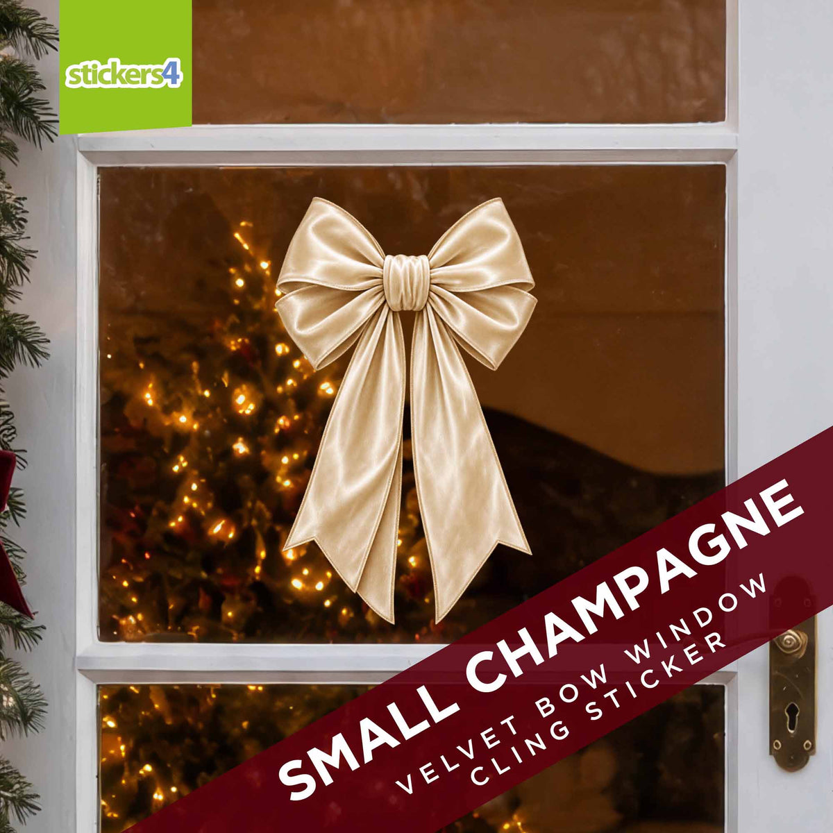 Small champagne velvet bow Christmas sticker displayed on a home window