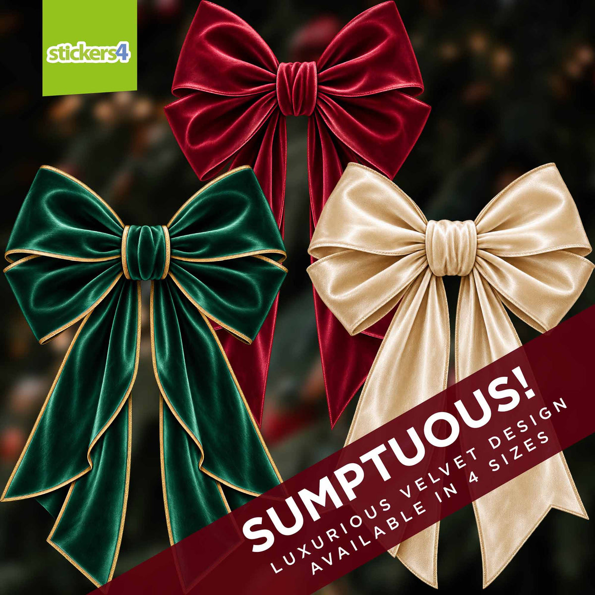 Red, green and champagne velvet-effect bow Christmas window stickers