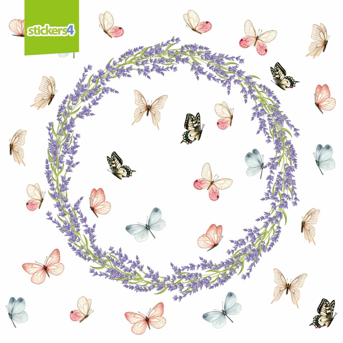 Watercolour Lavender Wreath &amp; Butterflies Window Stickers Summer Window Display