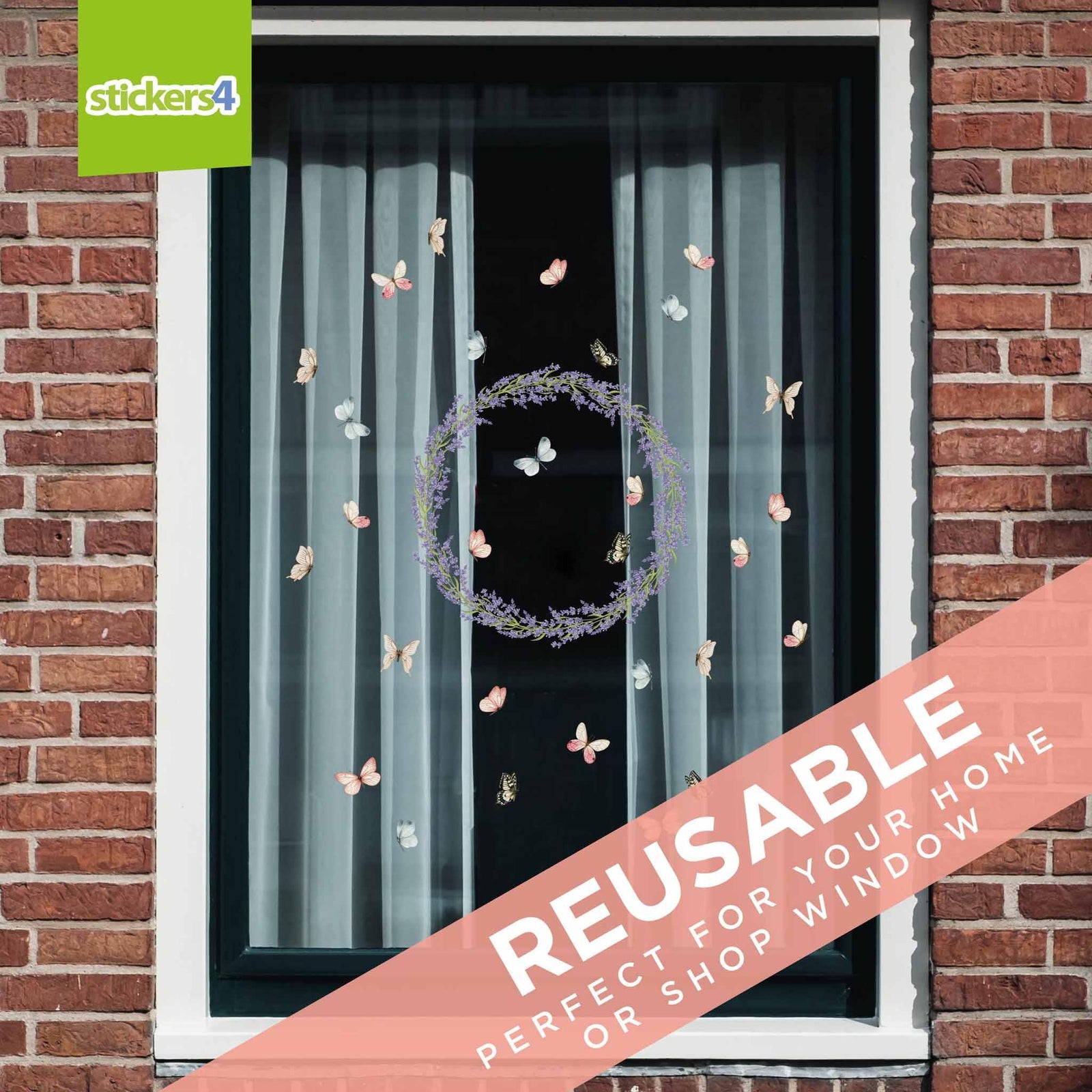 Watercolour Lavender Wreath & Butterflies Window Stickers Summer Window Display