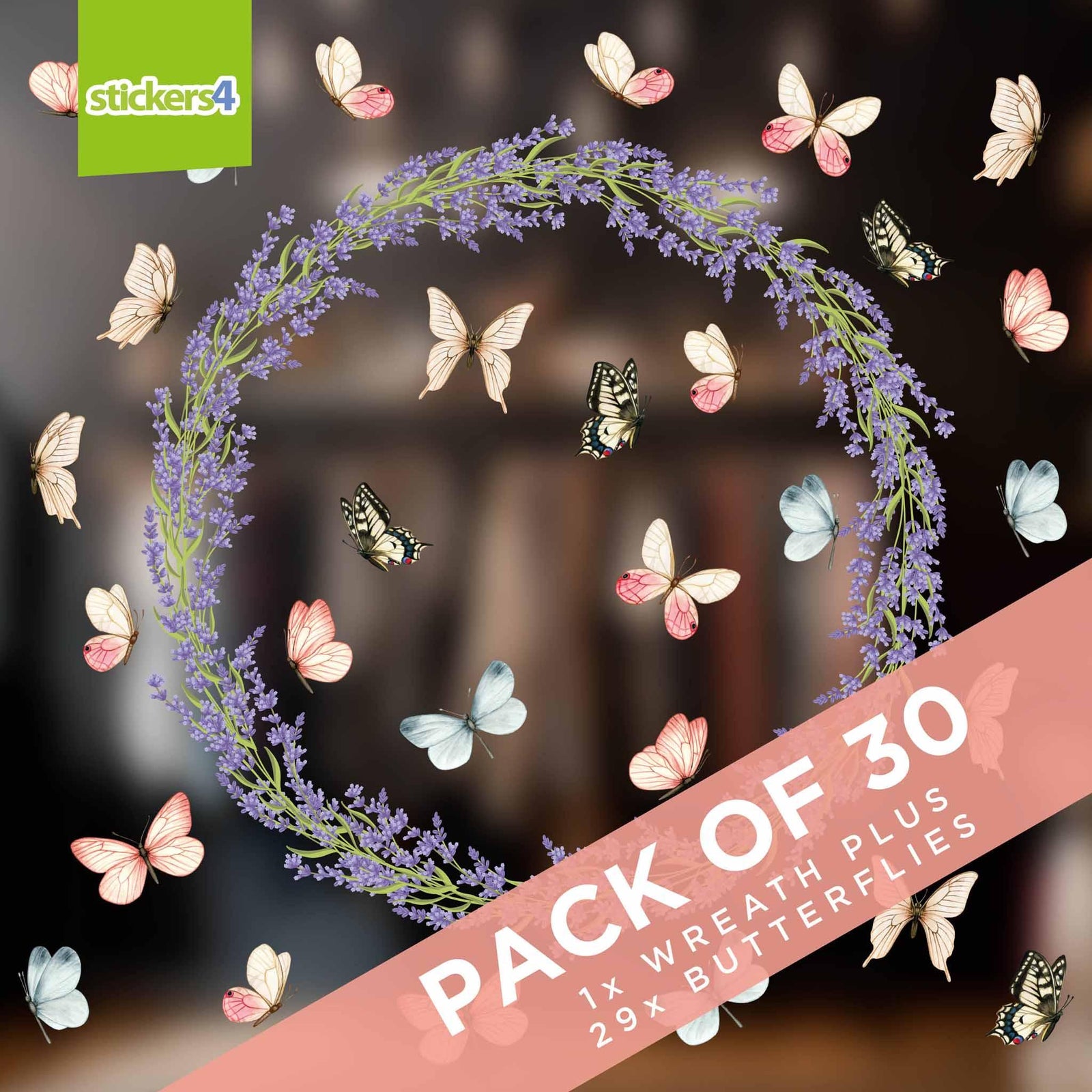 Watercolour Lavender Wreath & Butterflies Window Stickers Summer Window Display