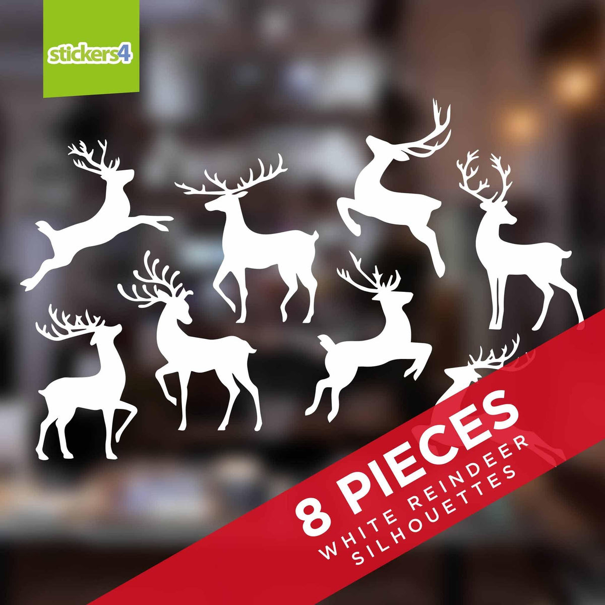 Set of 8 White Reindeer Silhouette Window Cling Stickers Christmas Window Display