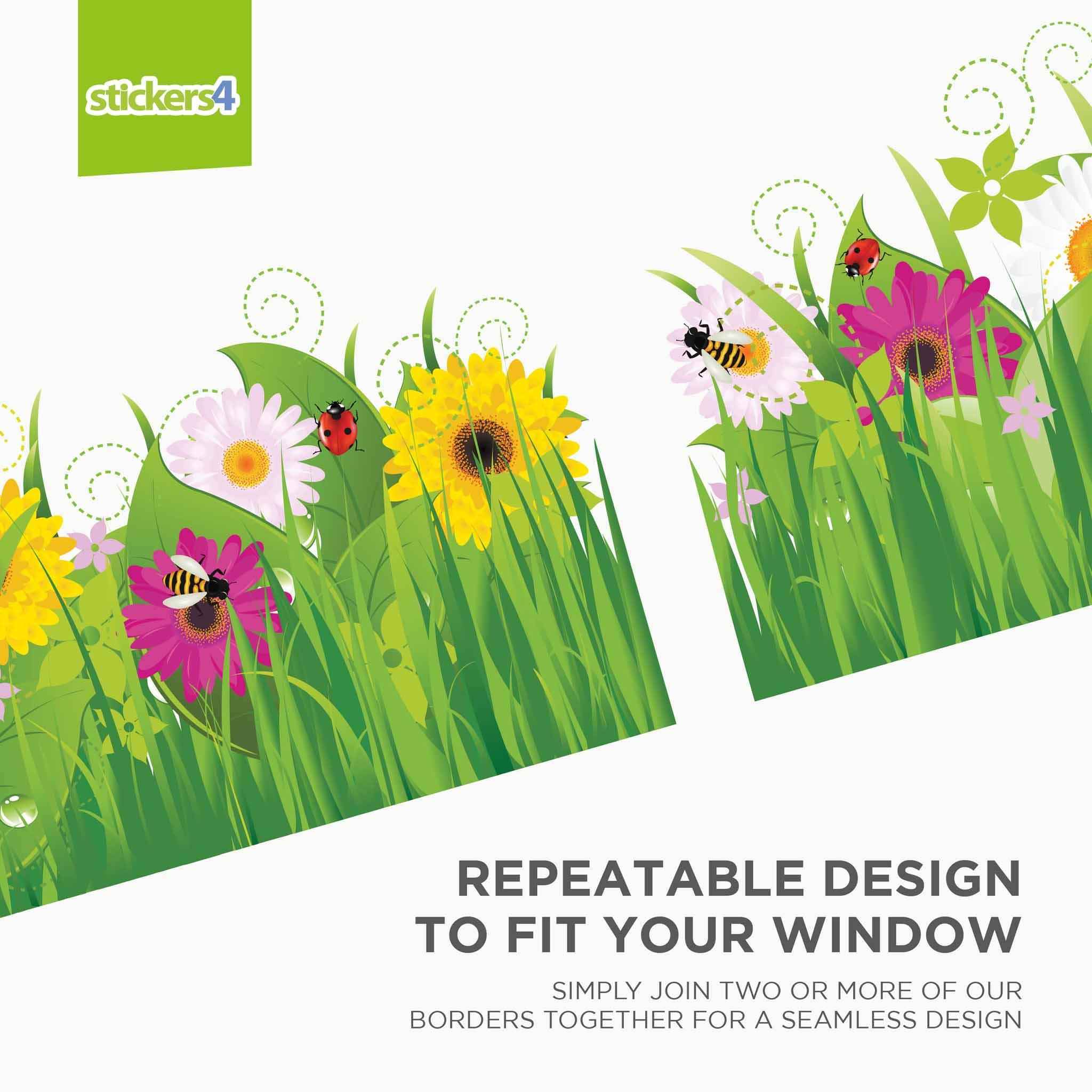 Wild Grass with Flowers and Insects Border Window Sticker