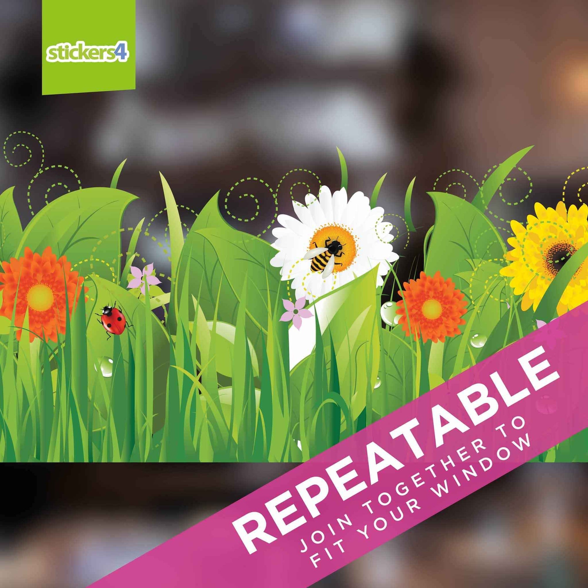 Wild Grass with Flowers and Insects Border Window Sticker