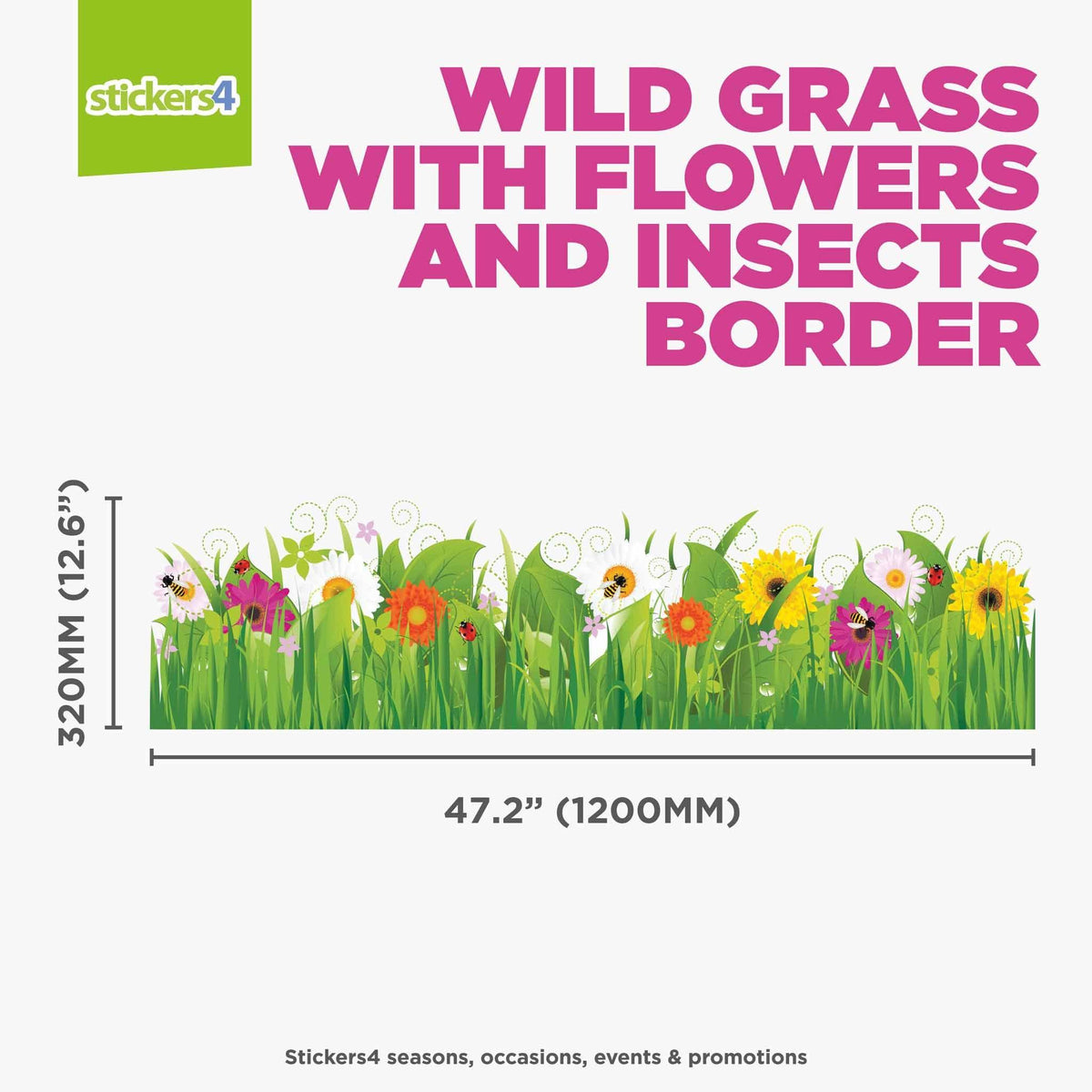 Wild Grass with Flowers and Insects Border