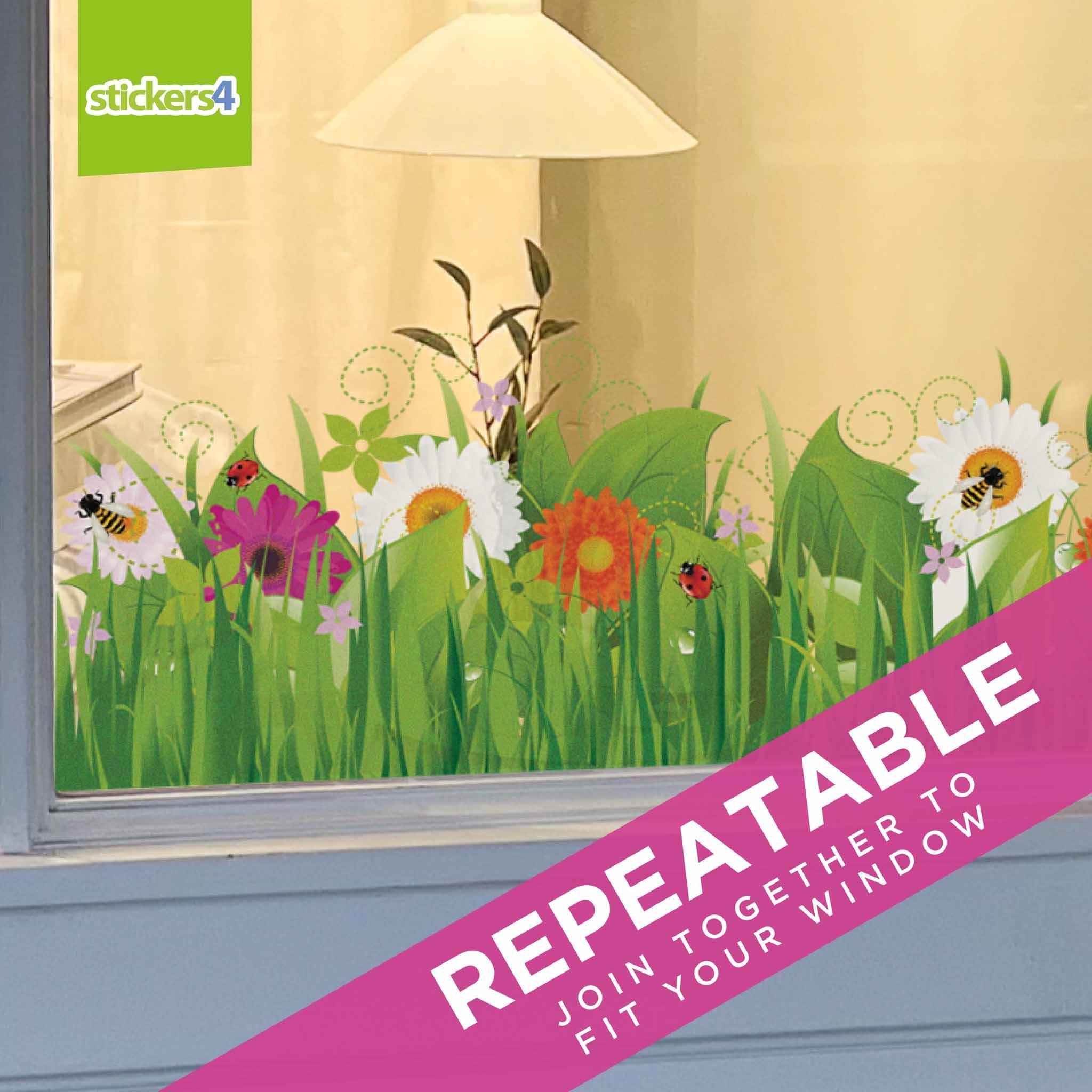 Wild Grass with Flowers and Insects Border Window Sticker