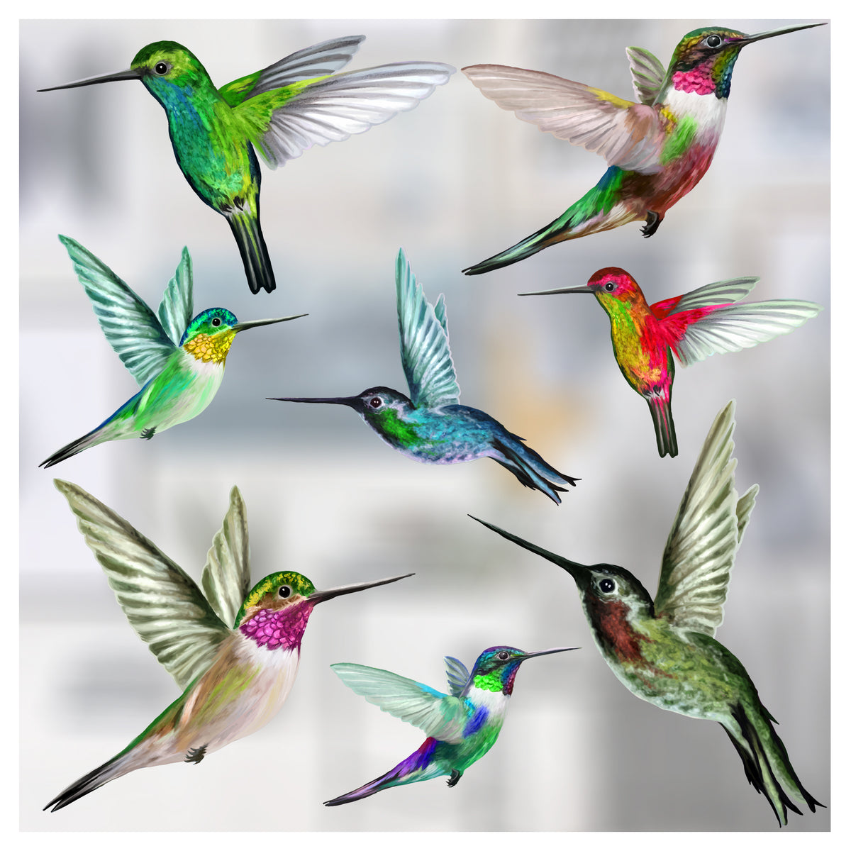 Set of 8 Mixed Size Humming Bird Window Stickers