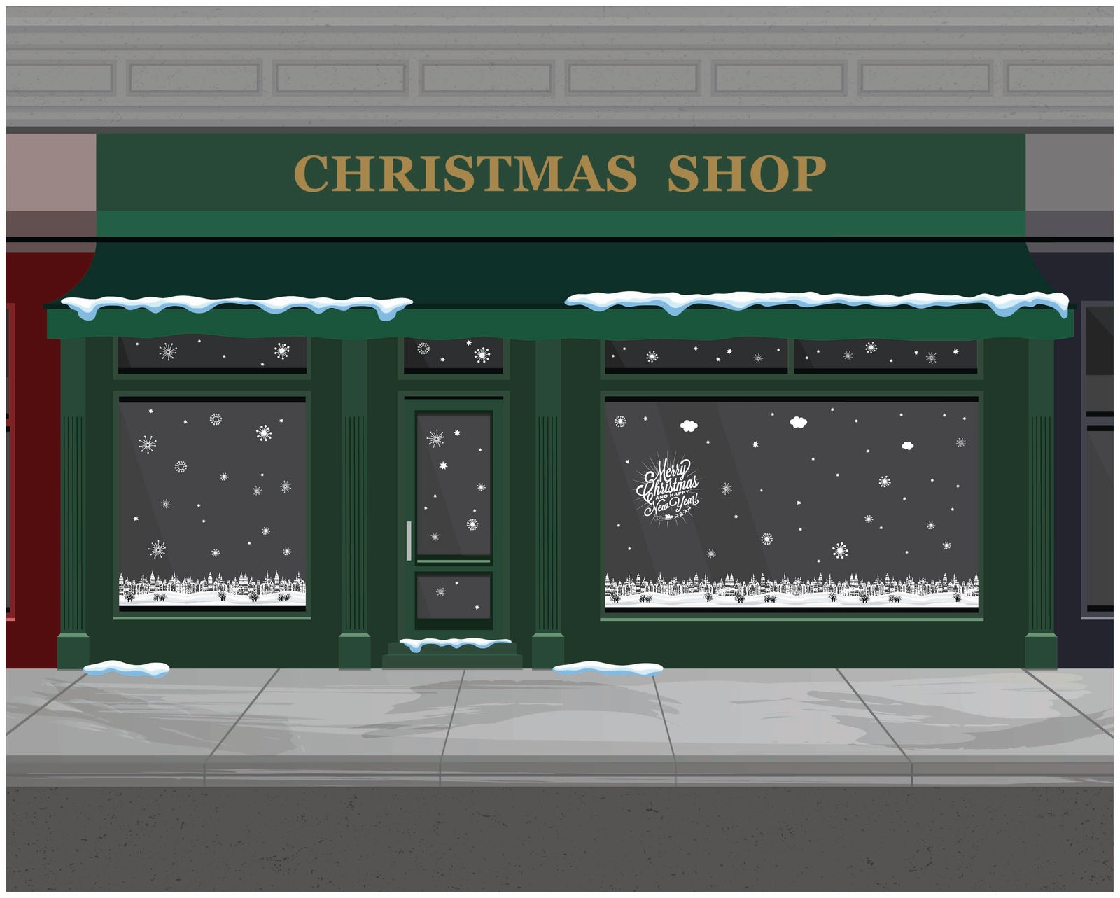 snow falling over village at Christmas window sticker display idea