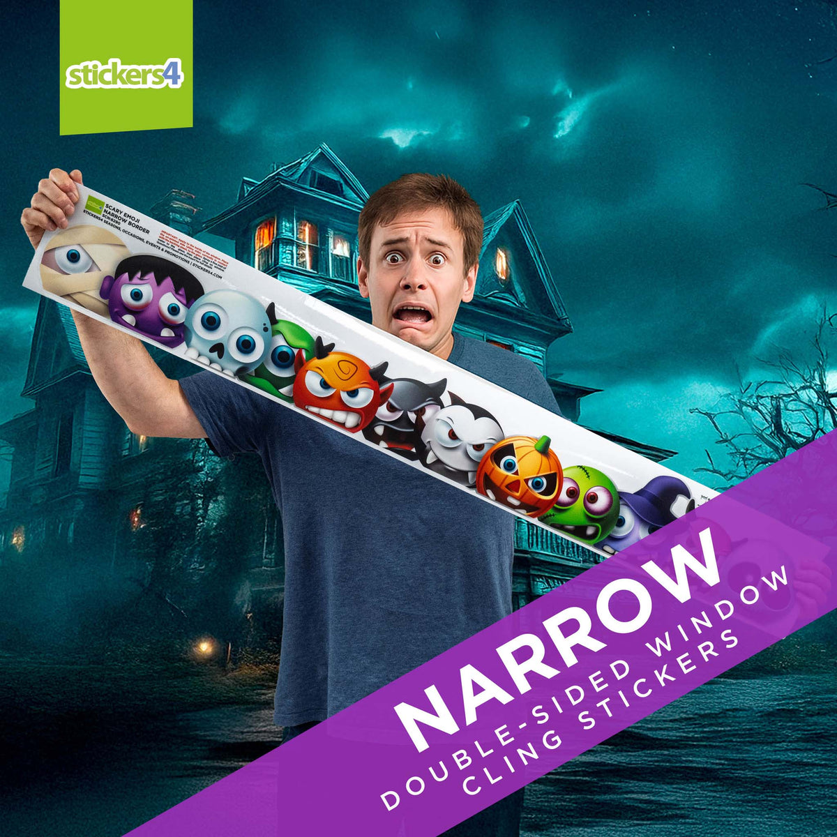 Person holding Halloween-themed window cling stickers with a haunted house background