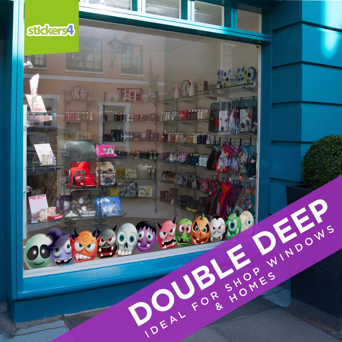 Large Shop front with colourful halloween border merchandise 