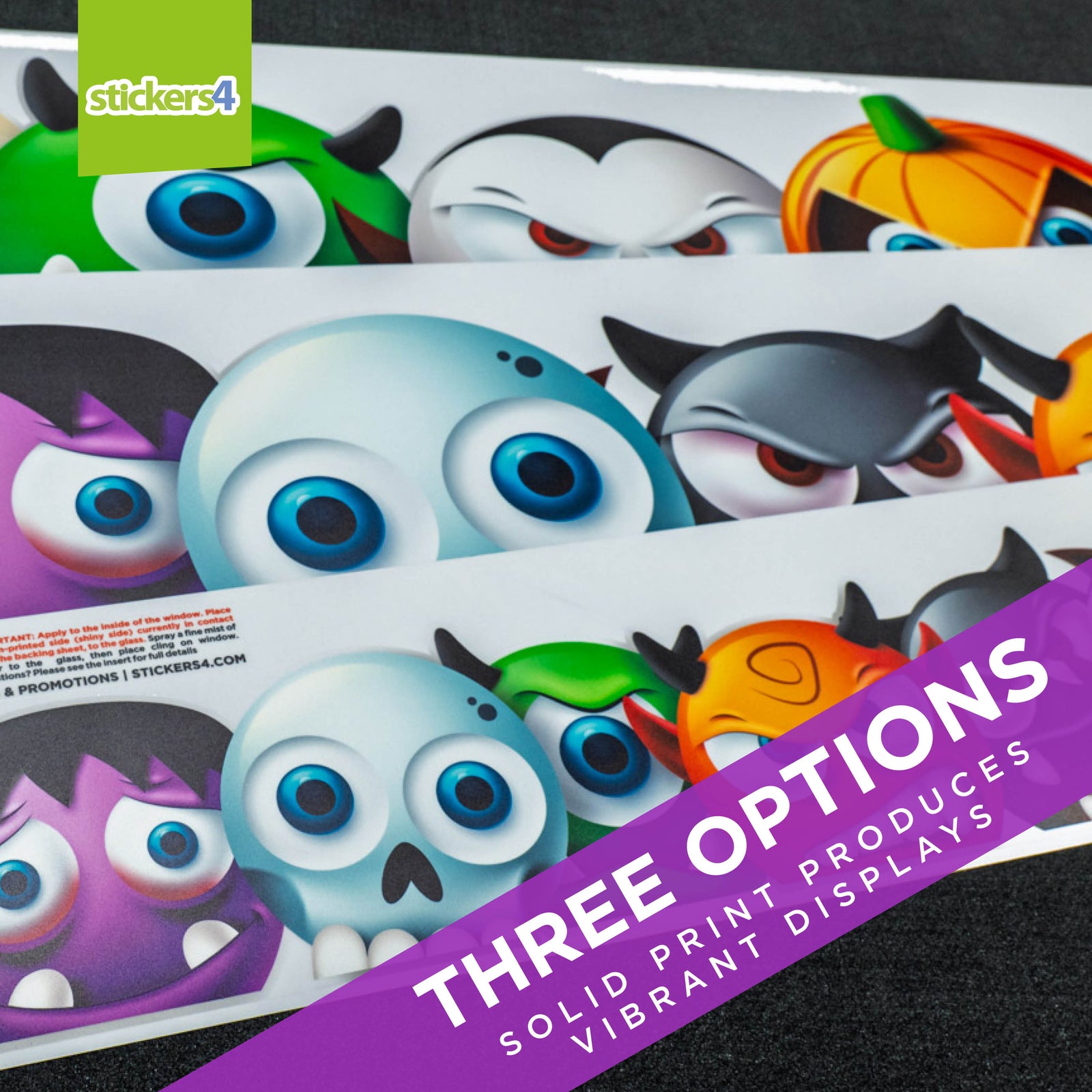 Halloween-themed border stickers with various characters on a gradient background, featuring the brand 'stickers4'.