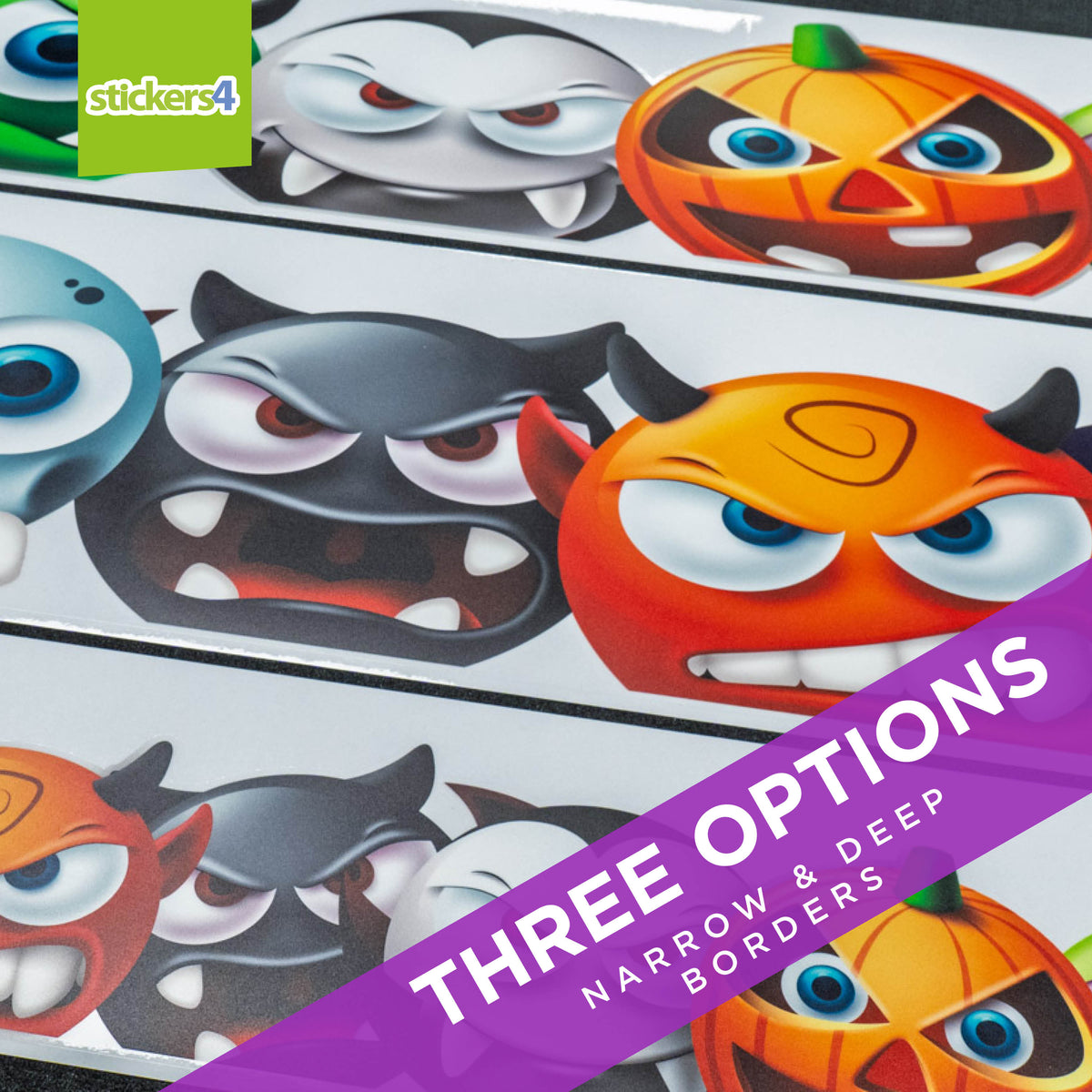 Halloween-themed stickers with pumpkins, ghosts, and bats on a white background with &#39;stickers4&#39; branding.