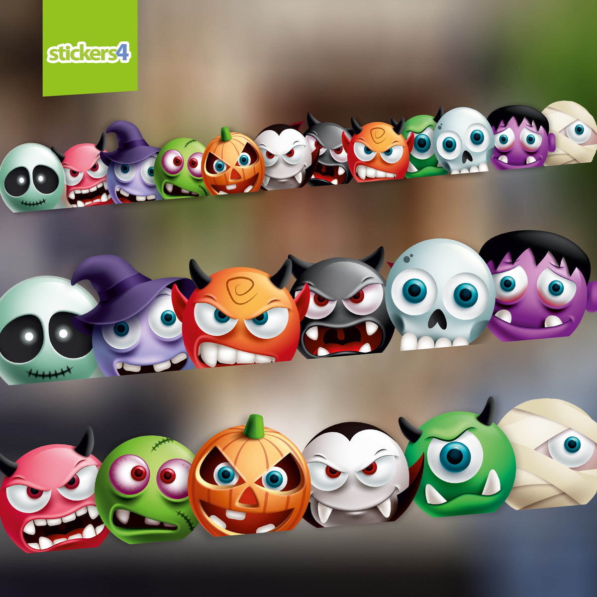 Colorful Halloween-themed stickers with various designs on a gradient background, featuring the &#39;stickers4&#39; brand.