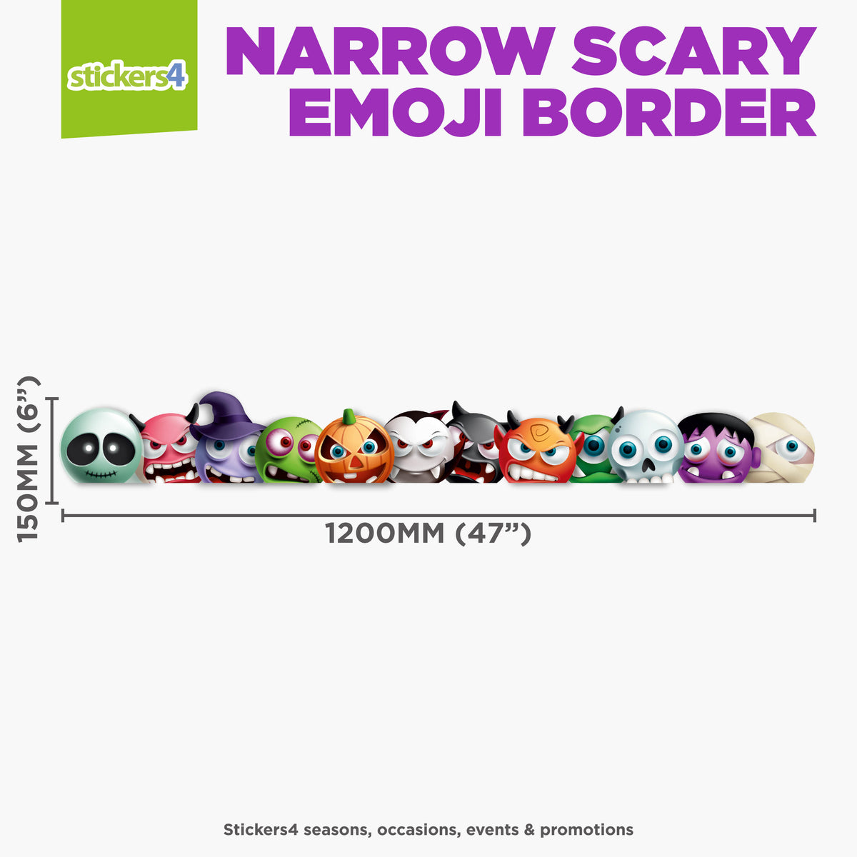Emojis with a &#39;Narrow Scary Emoji Border&#39; label and dimensions on a white background.