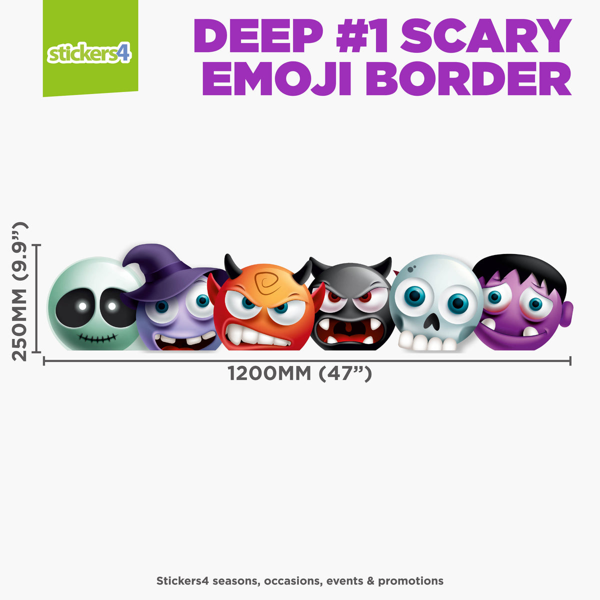 Scary emoji border stickers with dimensions on a white background